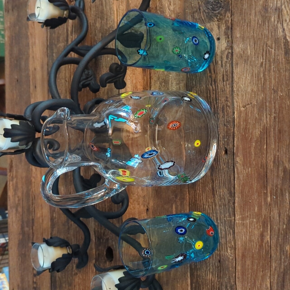 Vintage Murano Glass Leonardo Millifiore Flower Pitcher and Two Blue Glasses
